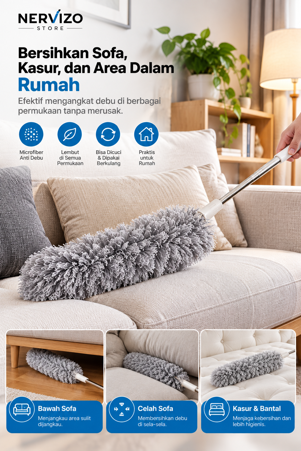 Kemoceng microfiber membersihkan sofa dan kasur